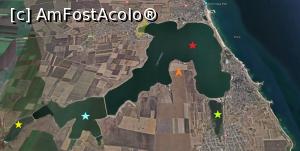 [P23] Imagine de ansamblu a Lacului Techirghiol (prelucrare Internet). Legendă: zona galbenă - faleza și parcul; săgeata portocalie - turnul tv; stea roșie - lacul sărat; stea albastră - zona cu salinitate scăzută; stea galbenă - zona dulce; stea verde - balta Tuzla.  » foto by tata123 🔱 <span class="label label-default labelC_thin small">NEVOTABILĂ</span>