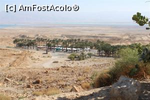 P13 [FEB-2020] Masada, Parcarea văzută din Calea Șarpelui, deșert și o oază de palmieri plantați acolo!